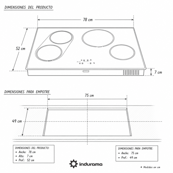 Encimera de Inducción Indurama 4 Zonas 78cm 7100W EI4PVI-80D