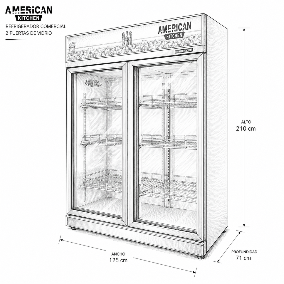 Vitrina Refrigeradora American Kitchen 1000 Litros Doble Puerta de Vidrio Panorámico AGR-870