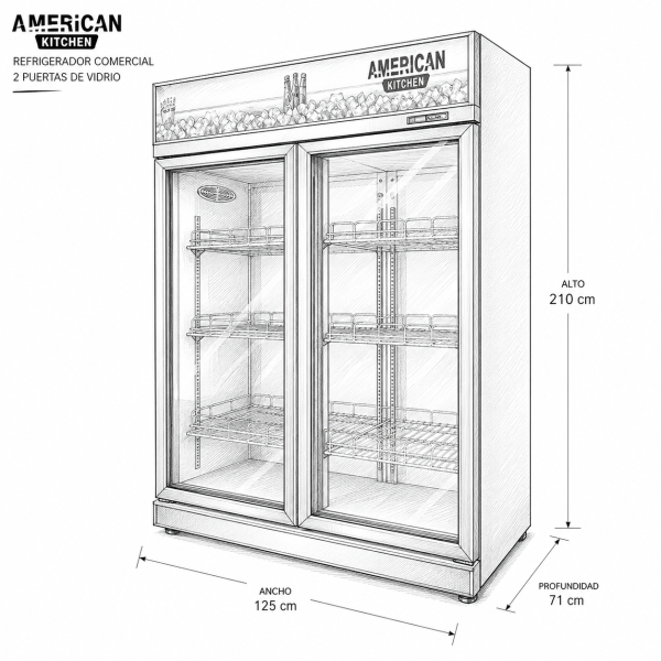 Vitrina Refrigeradora American Kitchen 1000 Litros Doble Puerta de Vidrio Panorámico AGR-870