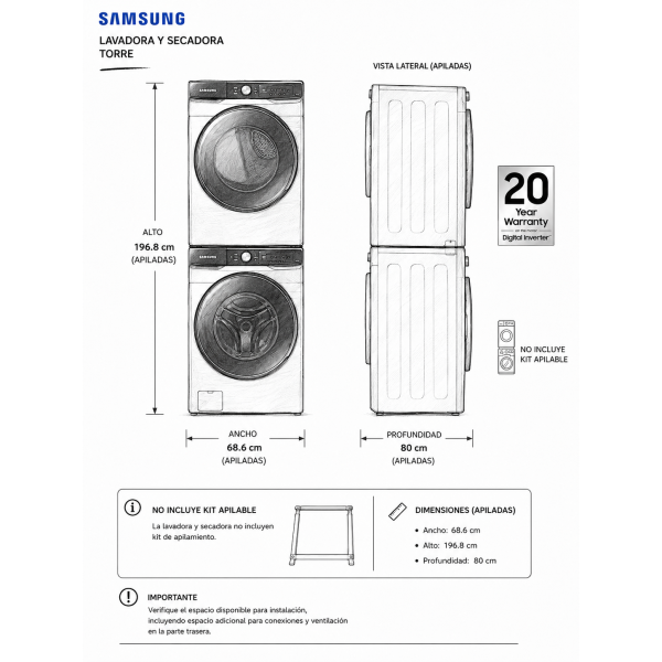 Combo Lavadora + Secadora Eléctrica Samsung 22 Kgs – 48 Lbs Inverter