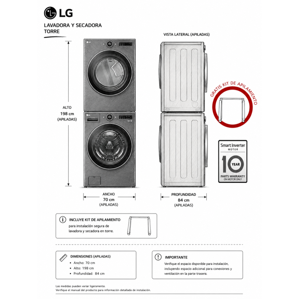 Combo Lavadora + Secadora Electrica LG 23 Kgs – 51 Lbs Inverter