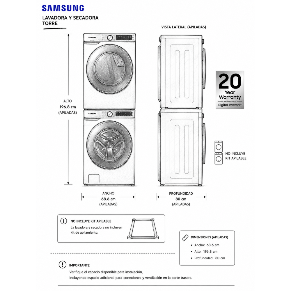 Combo Lavadora + Secadora de Gas Samsung 22 Kgs – 48 Lbs Inverter