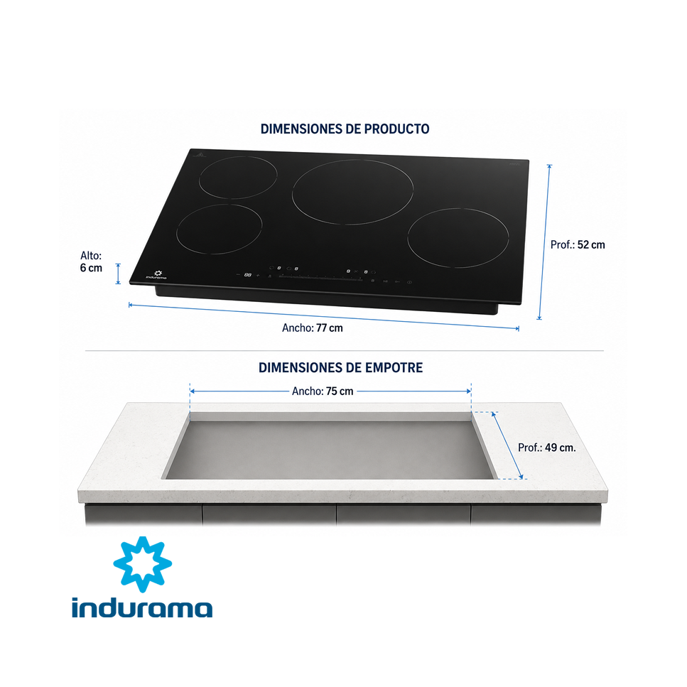 Encimera de Inducción Indurama 4 Zonas 77cm 7200W EI-4PVI802