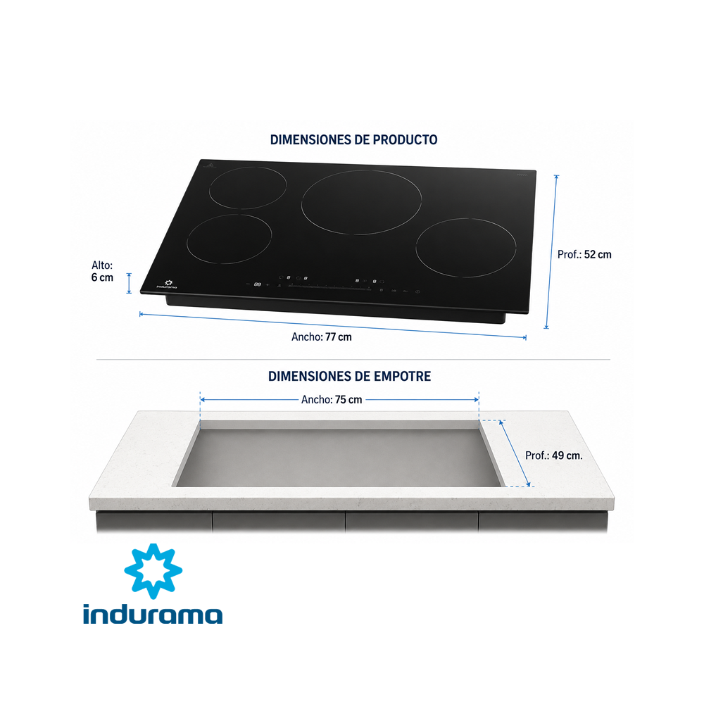 Encimera de Inducción Indurama 4 Zonas 77cm 7200W EI-4PVI802