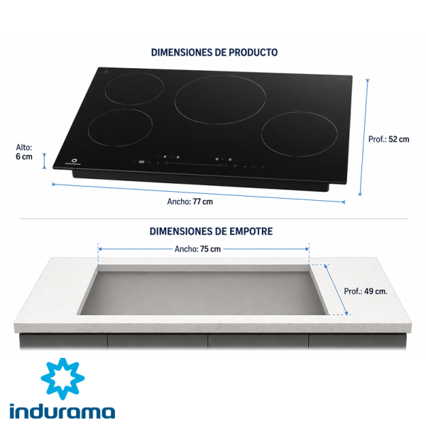 Encimera de Inducción Indurama 4 Zonas 77cm 7200W EI-4PVI802