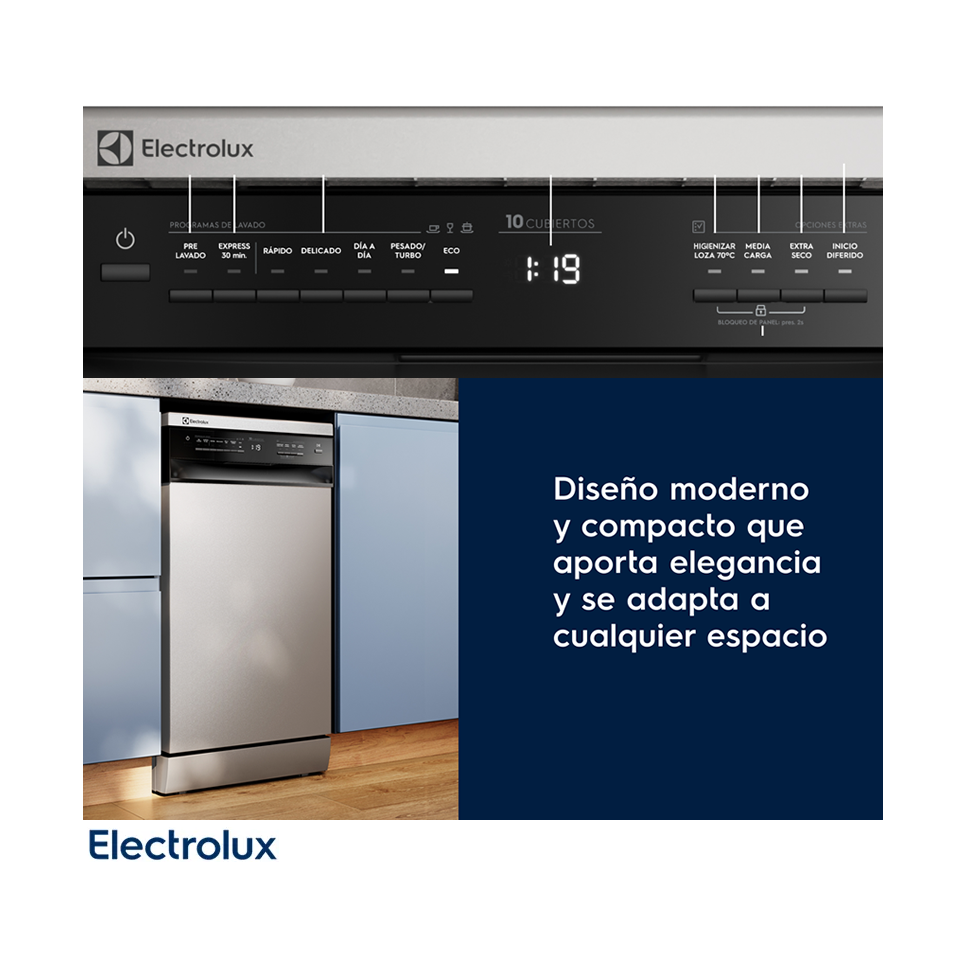Lavavajillas Electrolux 10 Servicios con Programa Rápido y Modo ECO EHFF10E7M