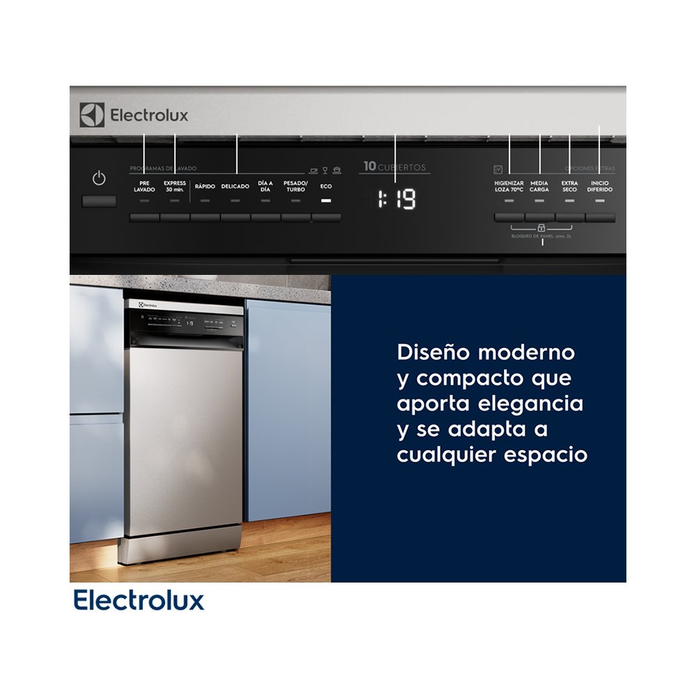 Lavavajillas Electrolux 10 Servicios con Programa Rápido y Modo ECO EHFF10E7M