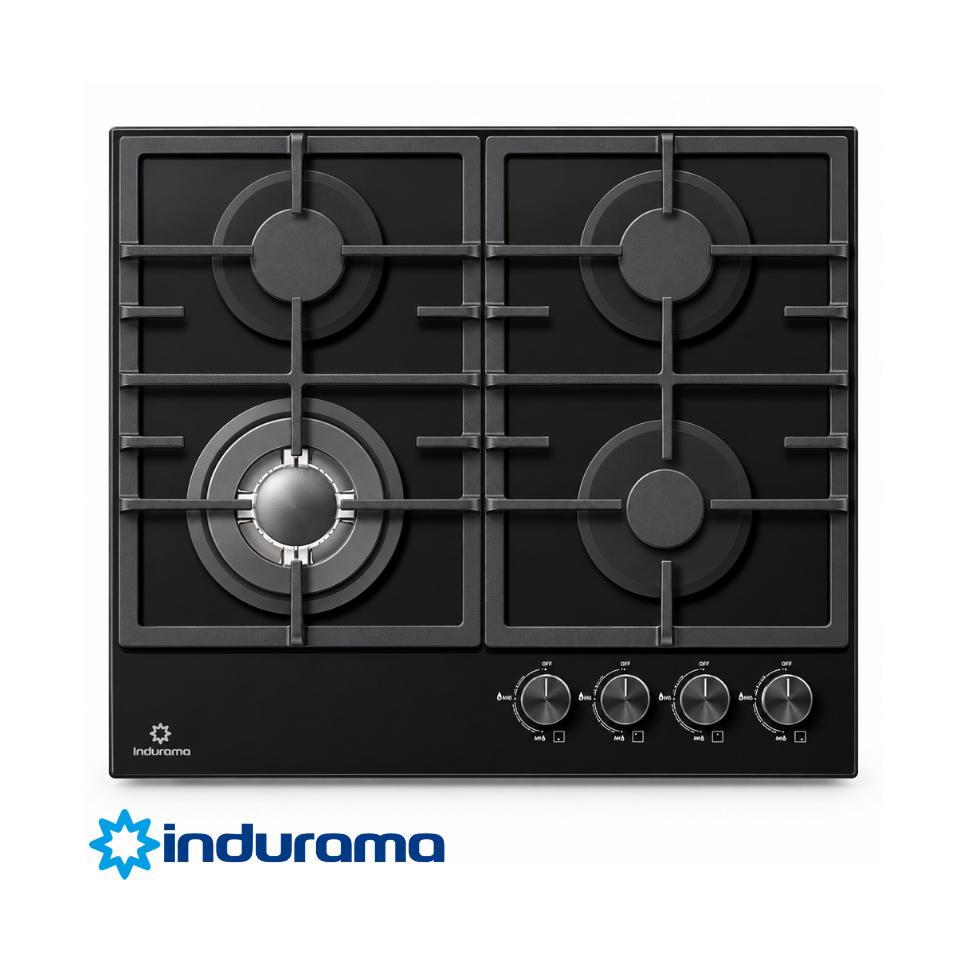 Encimera a Gas Empotrable Indurama 4Q Vitrocerámica Parrilla Hierro Fundido de 60cm EGI-604VDNG