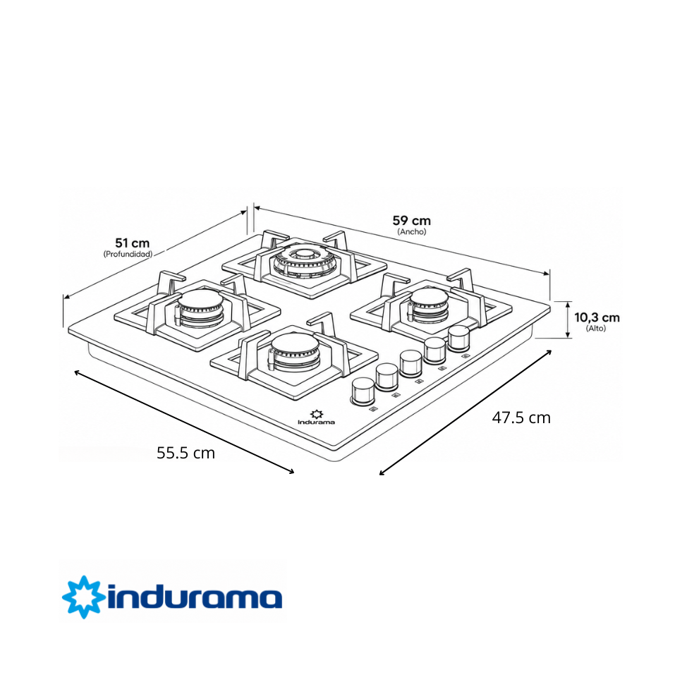 Encimera a Gas Empotrable Indurama 4Q Vitrocerámica Parrilla Hierro Fundido de 60cm EGI-604VDNG