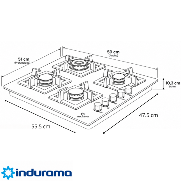 Encimera a Gas Empotrable Indurama 4Q Vitrocerámica Parrilla Hierro Fundido de 60cm EGI-604VDNG