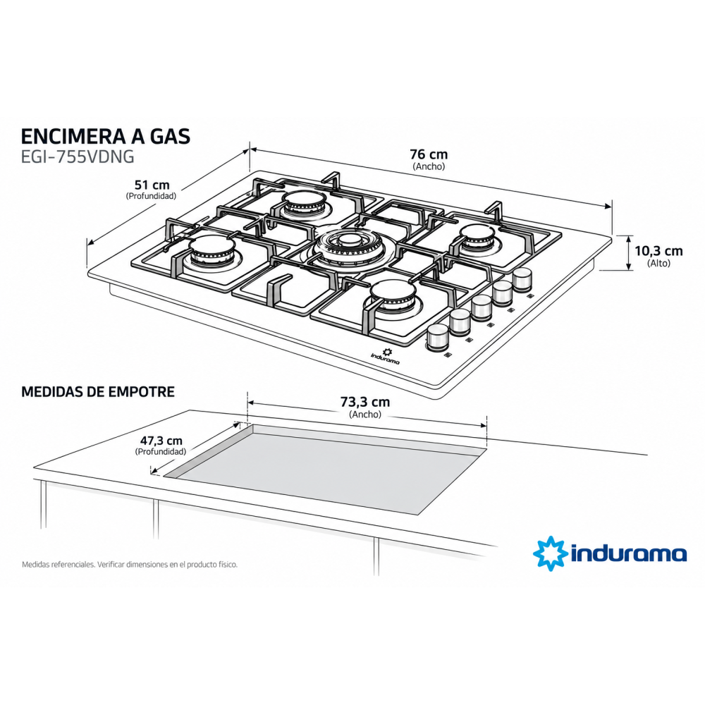 Encimera a Gas Empotrable Indurama 5Q Vitrocerámica Parrilla Hierro Fundido de 76cm EGI-755VDNG