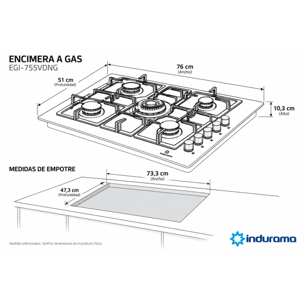 Encimera a Gas Empotrable Indurama 5Q Vitrocerámica Parrilla Hierro Fundido de 76cm EGI-755VDNG