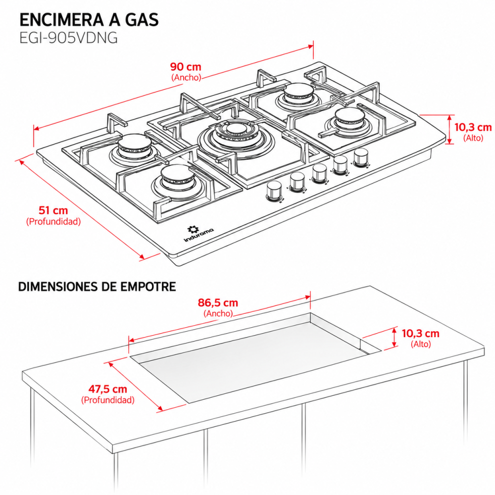 Encimera a Gas Empotrable Indurama 5Q Vitrocerámica Parrilla Hierro Fundido de 90cm EGI-905VDNG