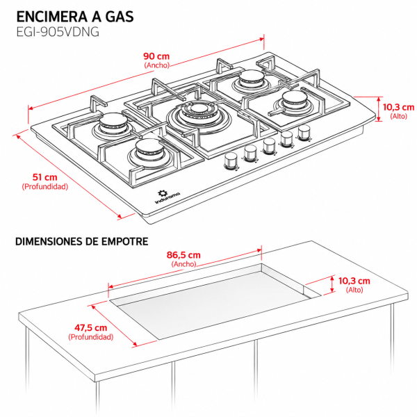 Encimera a Gas Empotrable Indurama 5Q Vitrocerámica Parrilla Hierro Fundido de 90cm EGI-905VDNG