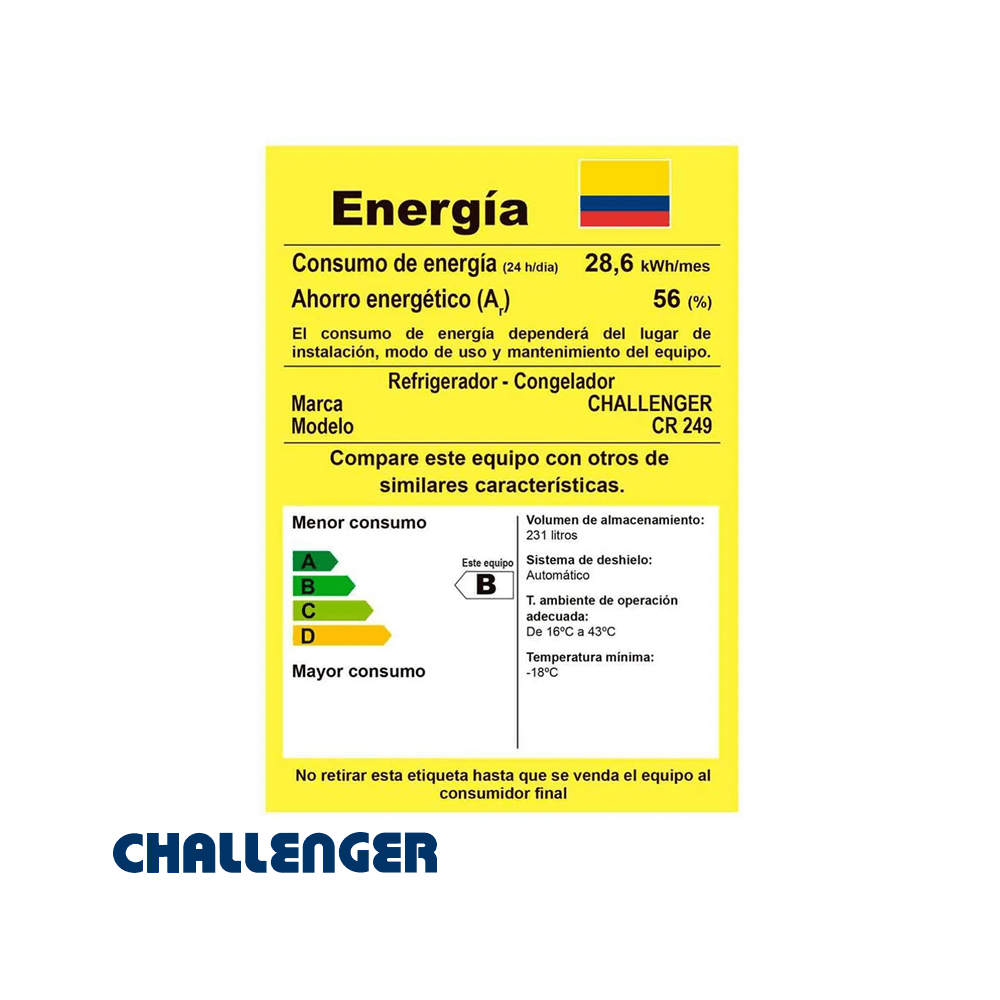 Refrigeradora Challenger 231 Litros con Dispensador CR249