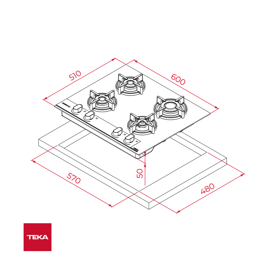 Encimera Empotrable de Gas TEKA vidrio templado de 60cm GBC 64 INFINITY G1