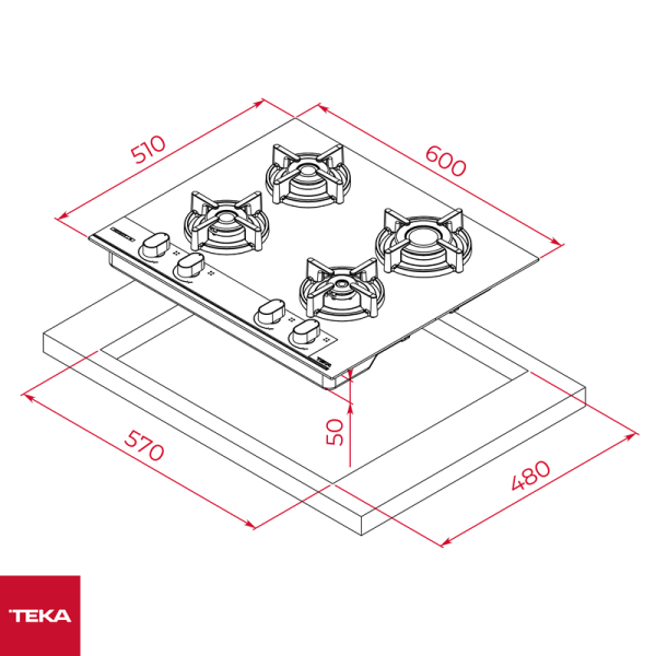 Encimera Empotrable de Gas TEKA vidrio templado de 60cm GBC 64 INFINITY G1