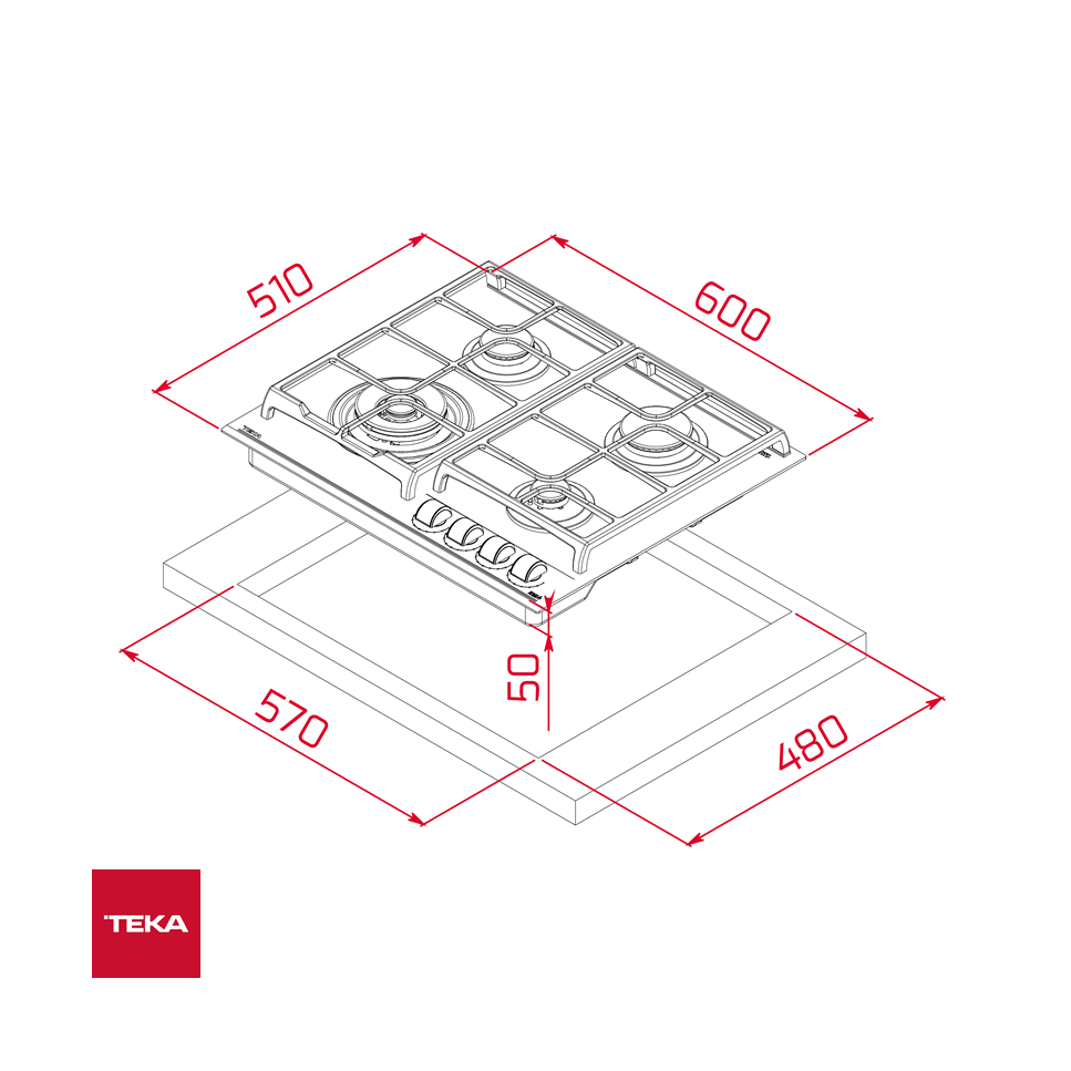 Encimera A Gas Empotrable Teka 4 Quemadores 60cm Vidrio Negro GZC 64320 XBB