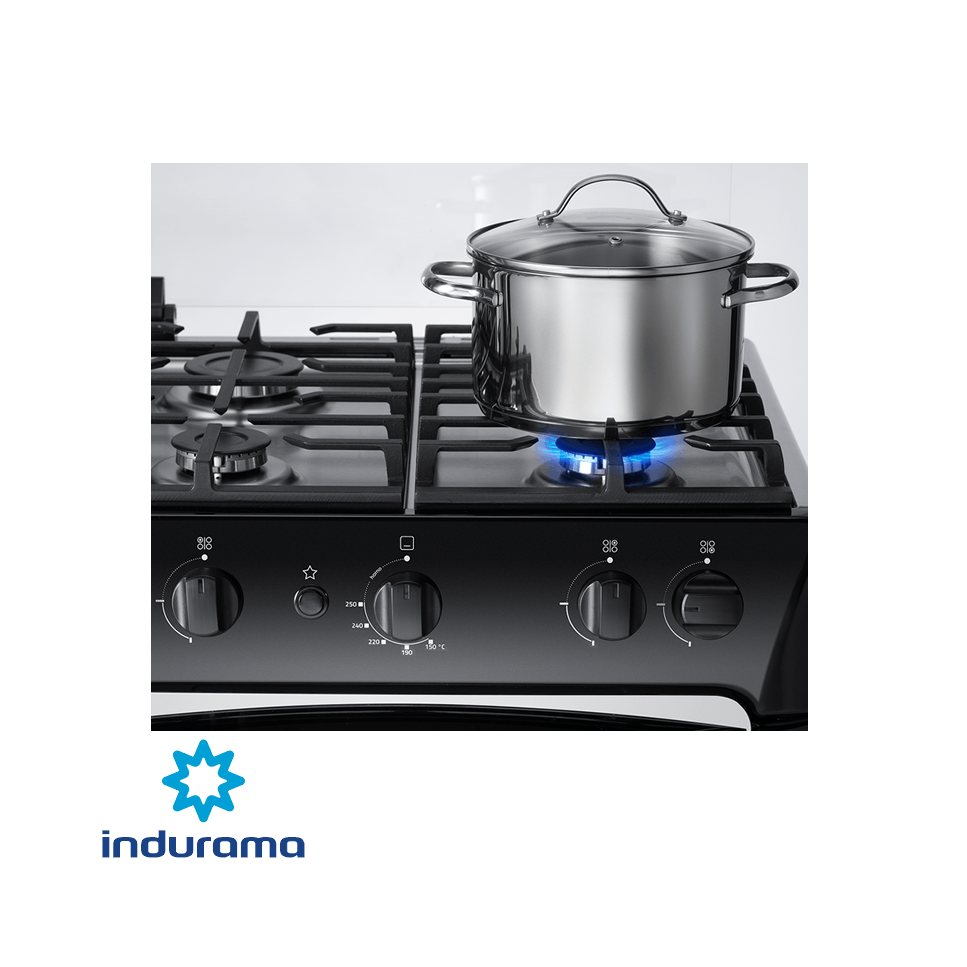 Cocina de Gas Indurama de Acero Inoxidable Negro – 4 Quemadores FERRARA