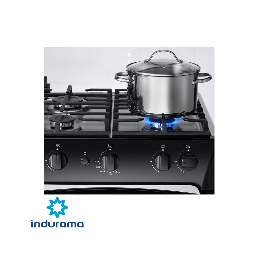 Cocina de Gas Indurama de Acero Inoxidable Negro – 4 Quemadores FERRARA