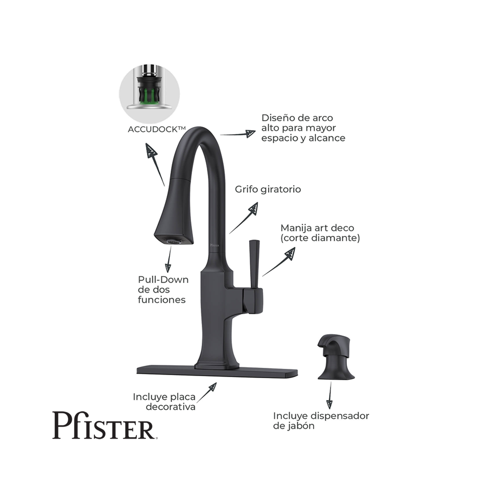 Grifo de Cocina Pfister Kroft Con Rociador Desplegable + Dispensador de Jabón F5297KFB