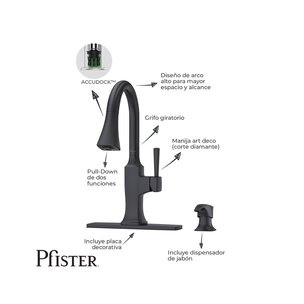 Grifo de Cocina Pfister Kroft Con Rociador Desplegable + Dispensador de Jabón F5297KFB