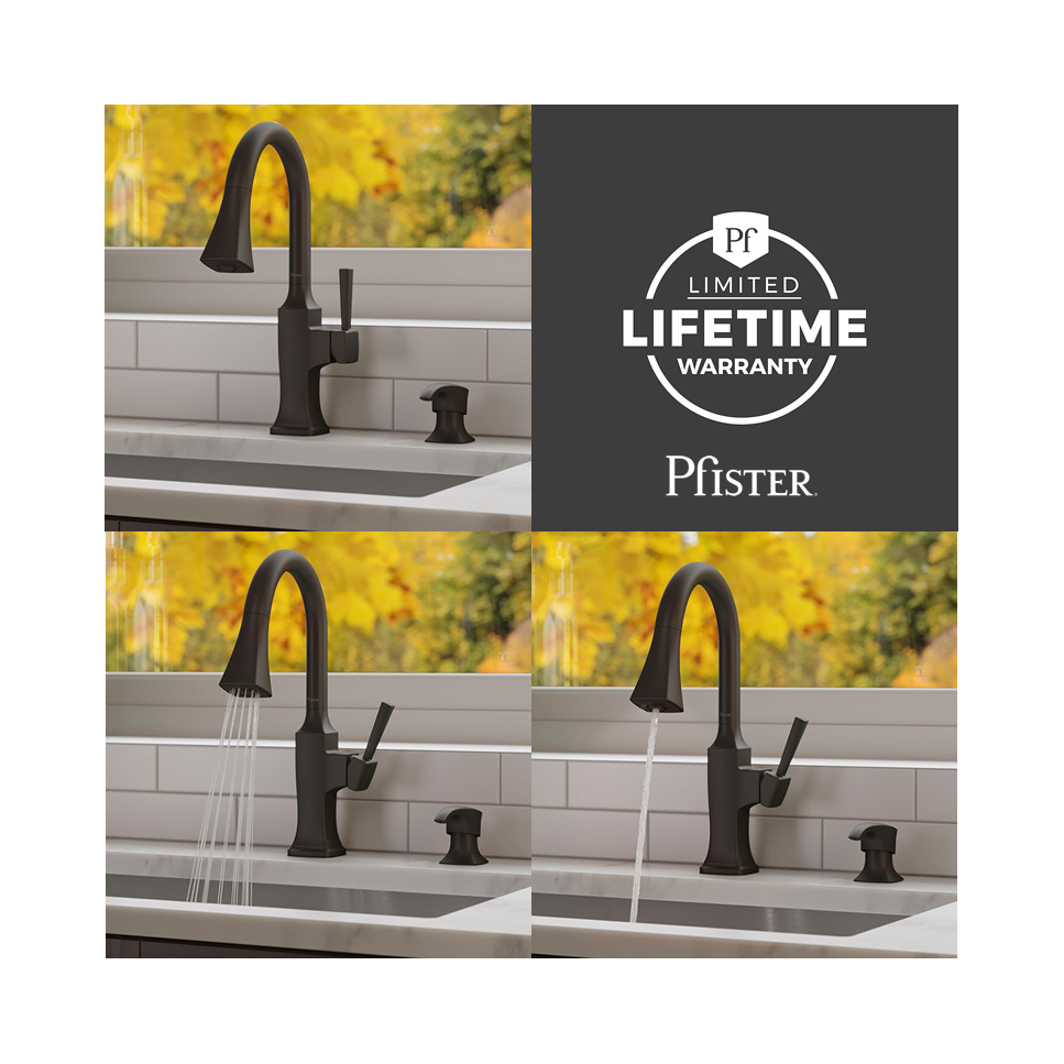 Grifo de Cocina Pfister Kroft Con Rociador Desplegable + Dispensador de Jabón F5297KFB
