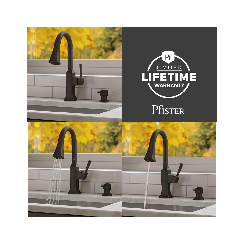 Grifo de Cocina Pfister Kroft Con Rociador Desplegable + Dispensador de Jabón F5297KFB