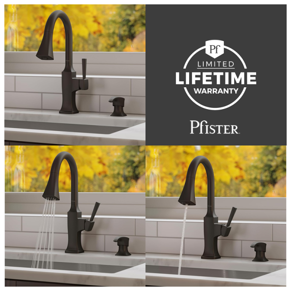 Grifo de Cocina Pfister Kroft Con Rociador Desplegable + Dispensador de Jabón F5297KFB