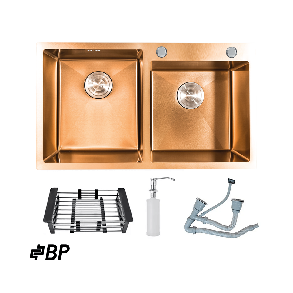 Fregadero BP de 2 Pozos Con Dispensador de Jabón Color Cobre LUXURY PREMIUN ROSE