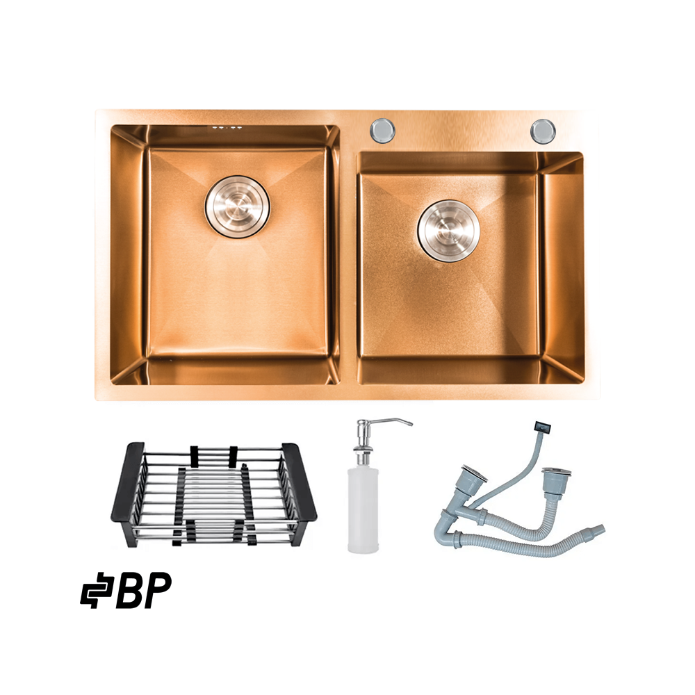 Fregadero BP de 2 Pozos Con Dispensador de Jabón Color Cobre LUXURY PREMIUN ROSE