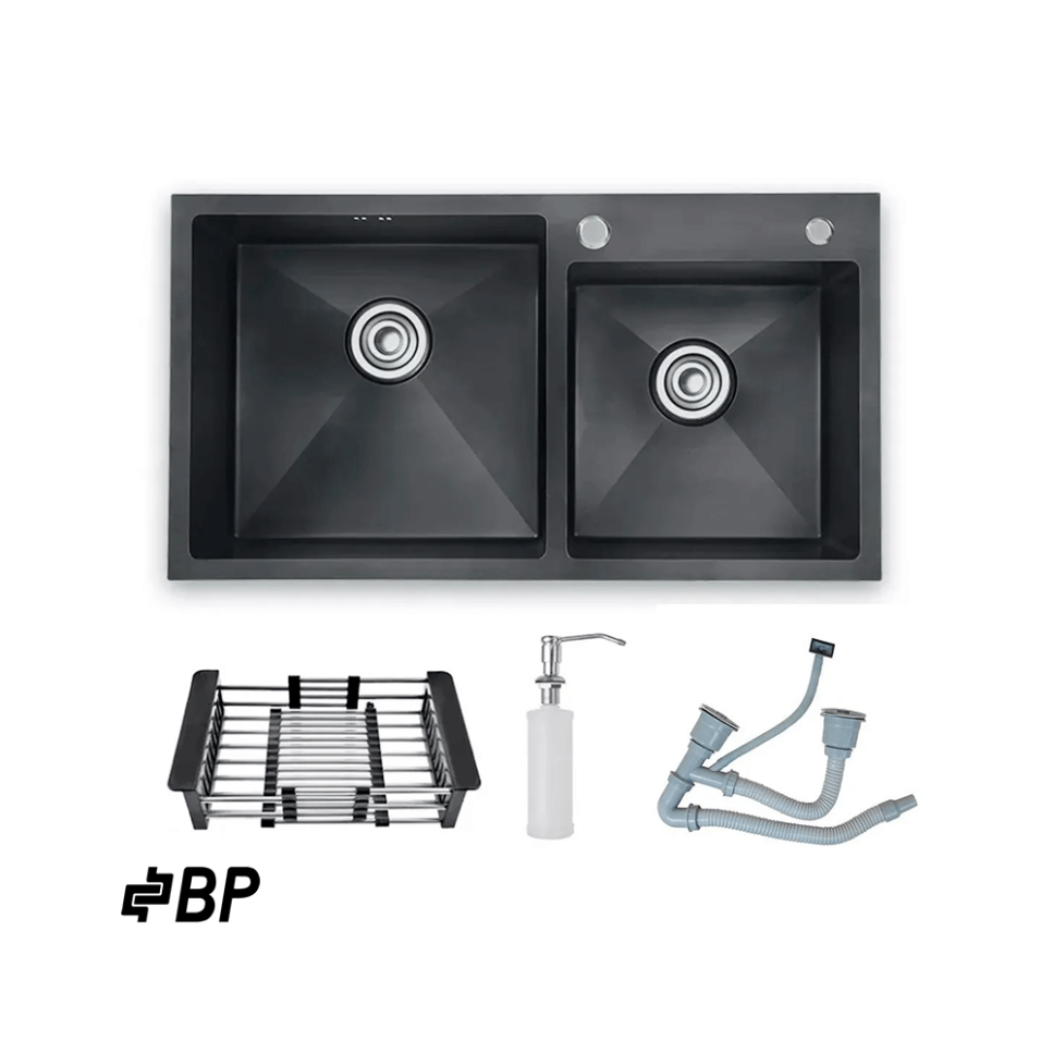 Fregadero BP de 2 Pozos Con Dispensador de Jabón Color Negro LUXURY PREMIUN BLACK