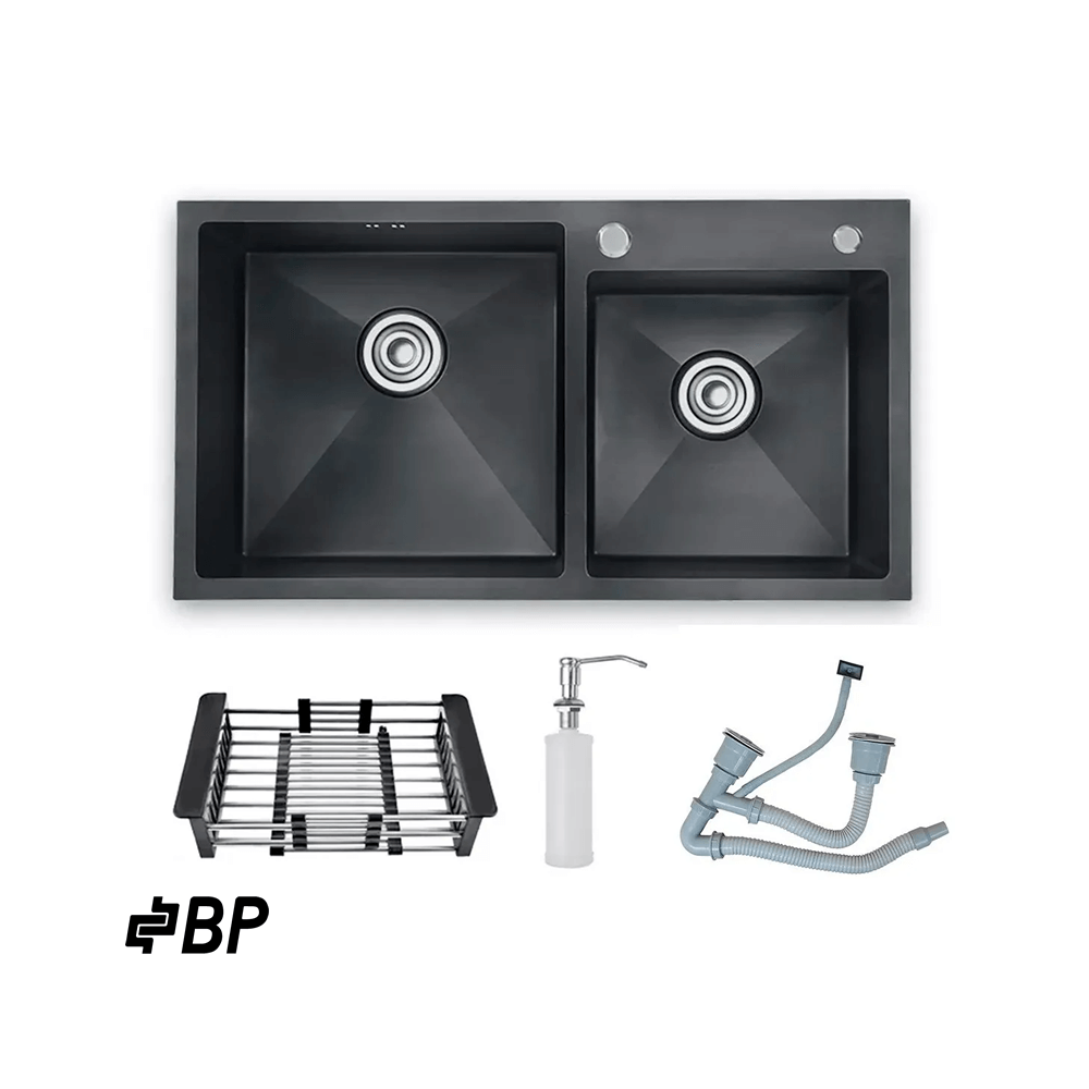 Fregadero BP de 2 Pozos Con Dispensador de Jabón Color Negro LUXURY PREMIUN BLACK