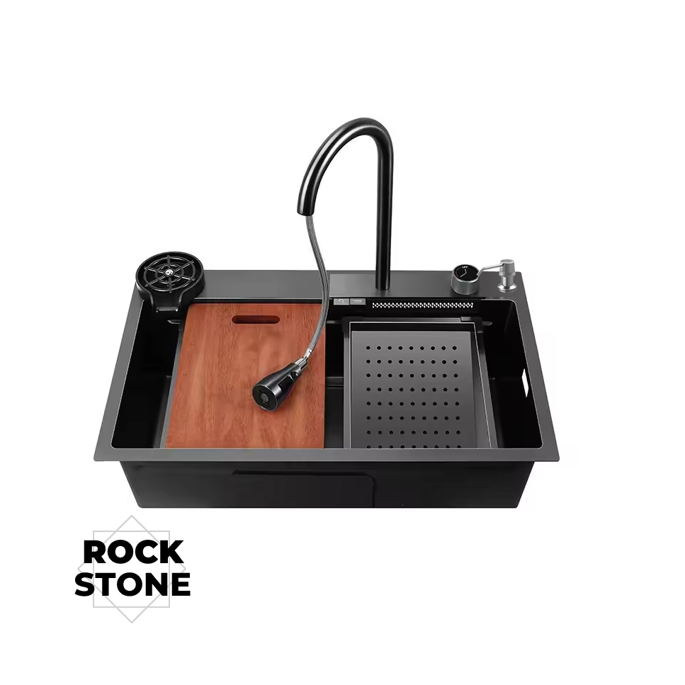 Fregadero Rock Stone de 1 Pozo Con Accesorios LUXE COMPLETO NEGRO
