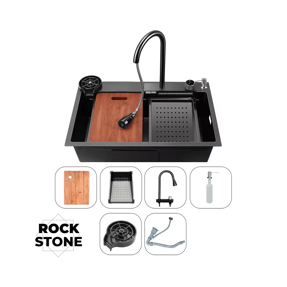 Fregadero Rock Stone de 1 Pozo Con Accesorios LUXE COMPLETO NEGRO