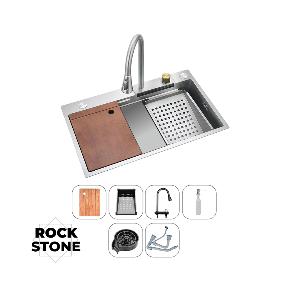 Fregadero Rock Stone de 1 Pozo Con Accesorios LUXE COMPLETO ACERO