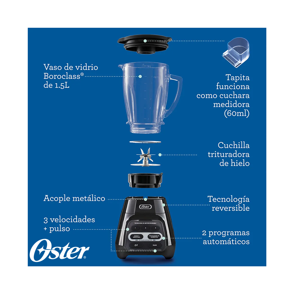 Licuadora Oster Reversible 1000 Watts - Jarra de Vidrio de 1.5 Litros BLSTPYG1309B