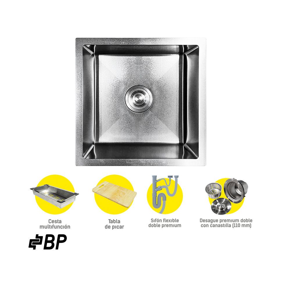 Fregadero BP de 1 Pozo Cuadrado Color Acero ALABAMA