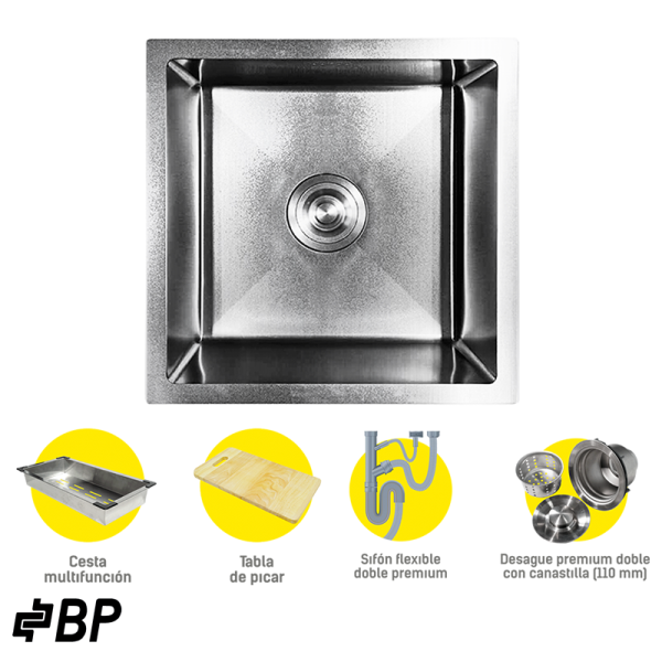 Fregadero BP de 1 Pozo Cuadrado Color Acero ALABAMA
