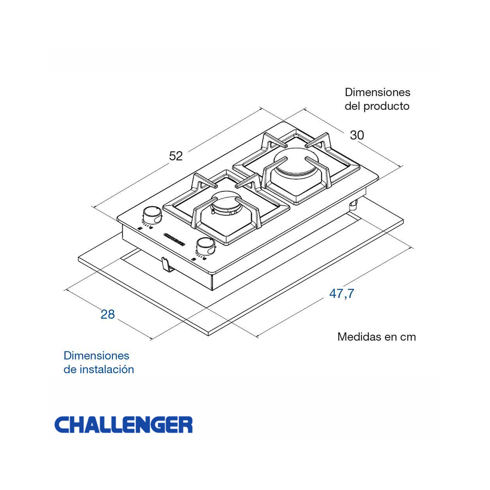 Encimera Empotrable Challenger 2 Quemadores Vidrio Templado SQ-6730