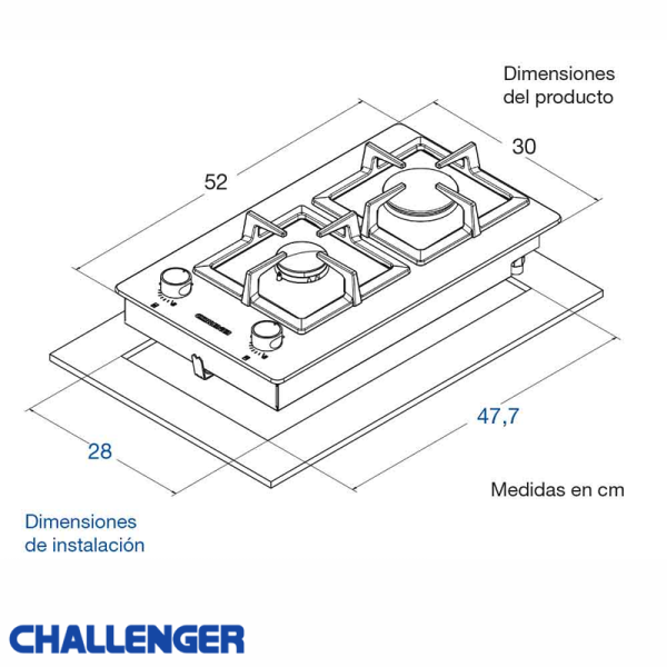 Encimera Empotrable Challenger 2 Quemadores Vidrio Templado SQ-6730