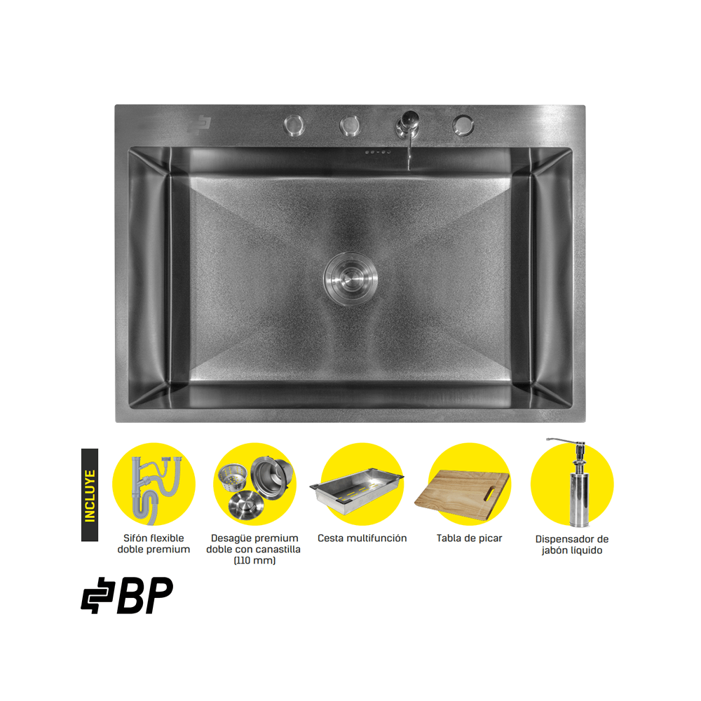 Fregadero BP de 1 Pozo Sobre Mesón Acero Negro DAKOTA