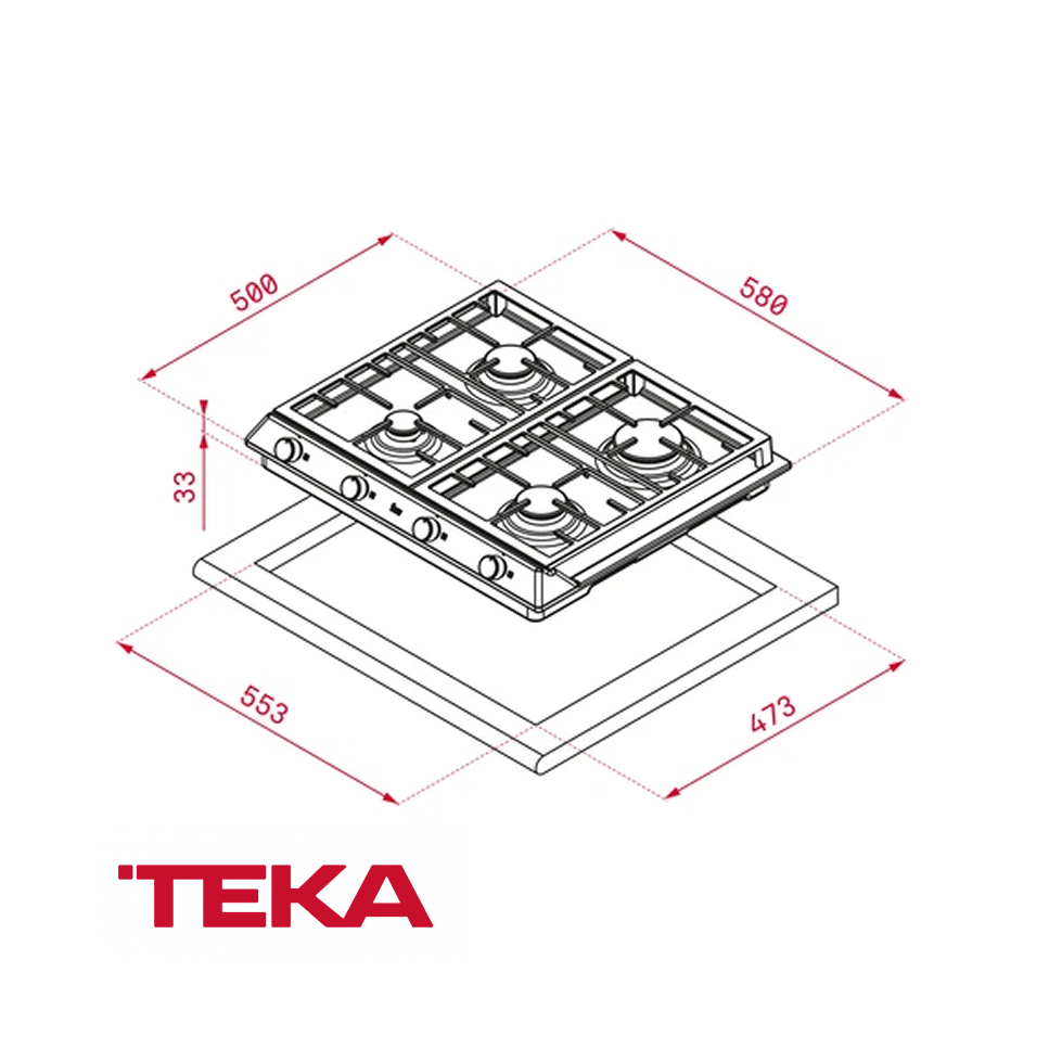 Encimera Teka de Gas Empotrable 4 Quemadores 58 cm Acero Inox EX 60.1 4G AI DR CI