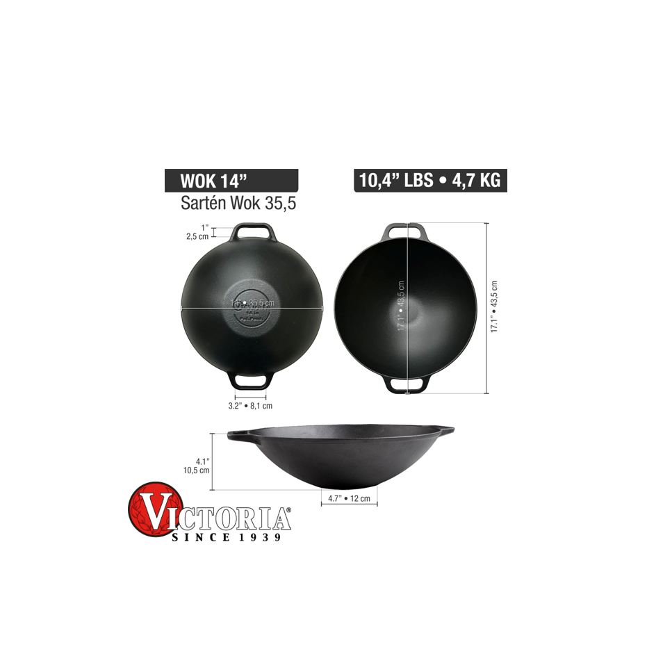 Sartén Wok Victoria Hierro Fundido Precurado 35020