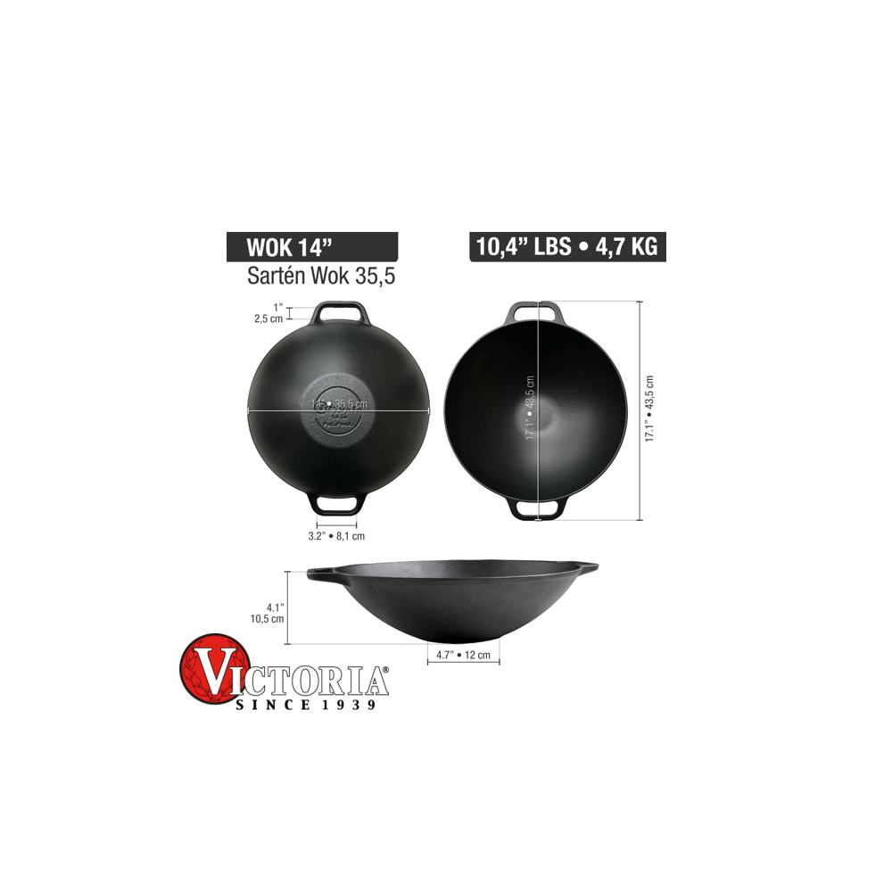 Sartén Wok Victoria Hierro Fundido Precurado 35020