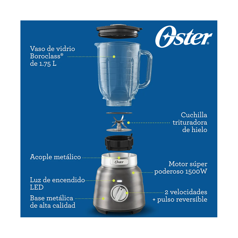 Licuadora Oster Max Reversible 1500 Watts - Jarra de Vidrio de 1.7 Litros BLSTPBRGR