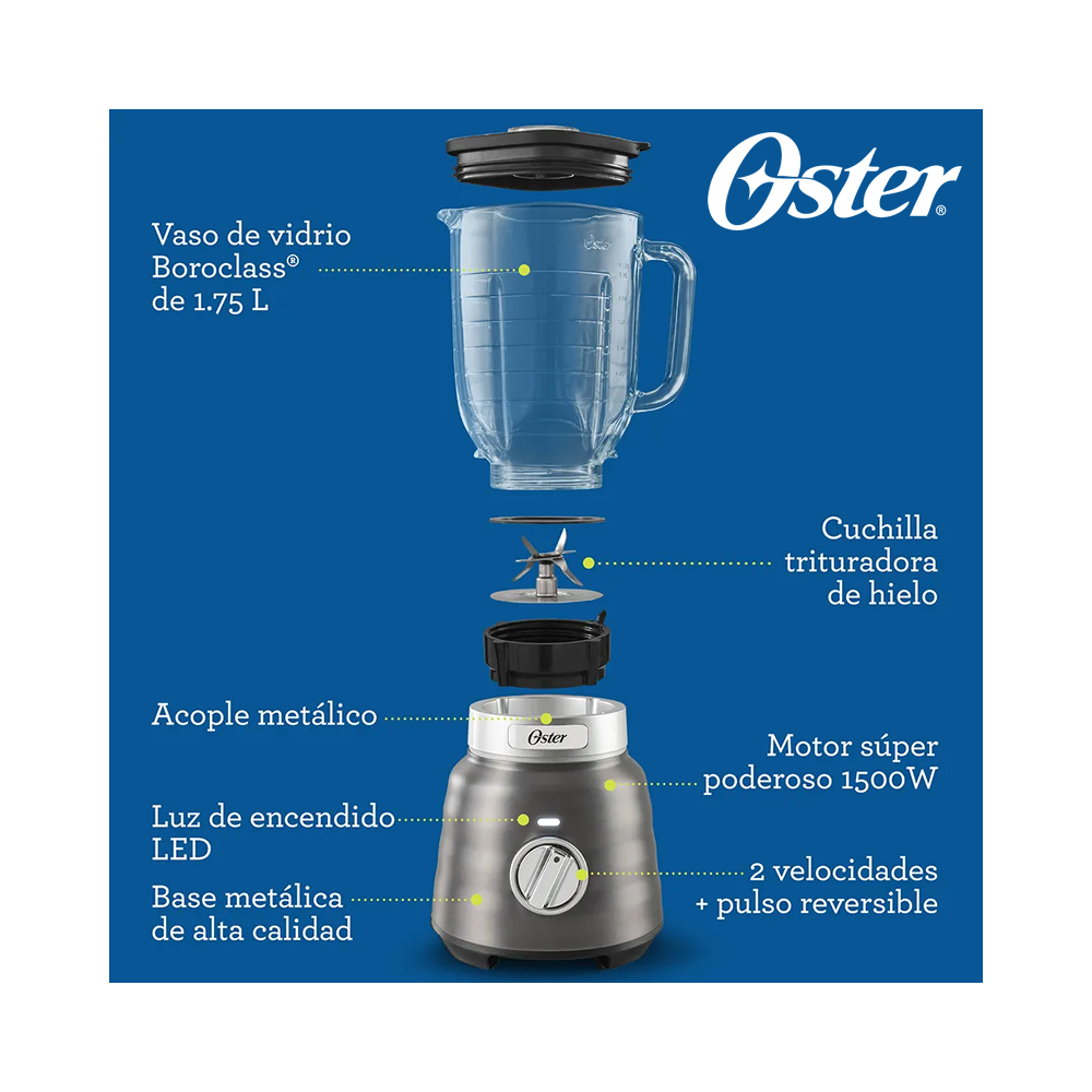 Licuadora Oster Max Reversible 1500 Watts - Jarra de Vidrio de 1.7 Litros BLSTPBRGR