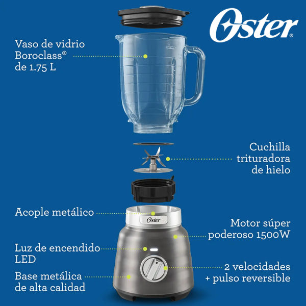 Licuadora Oster Max Reversible 1500 Watts - Jarra de Vidrio de 1.7 Litros BLSTPBRGR