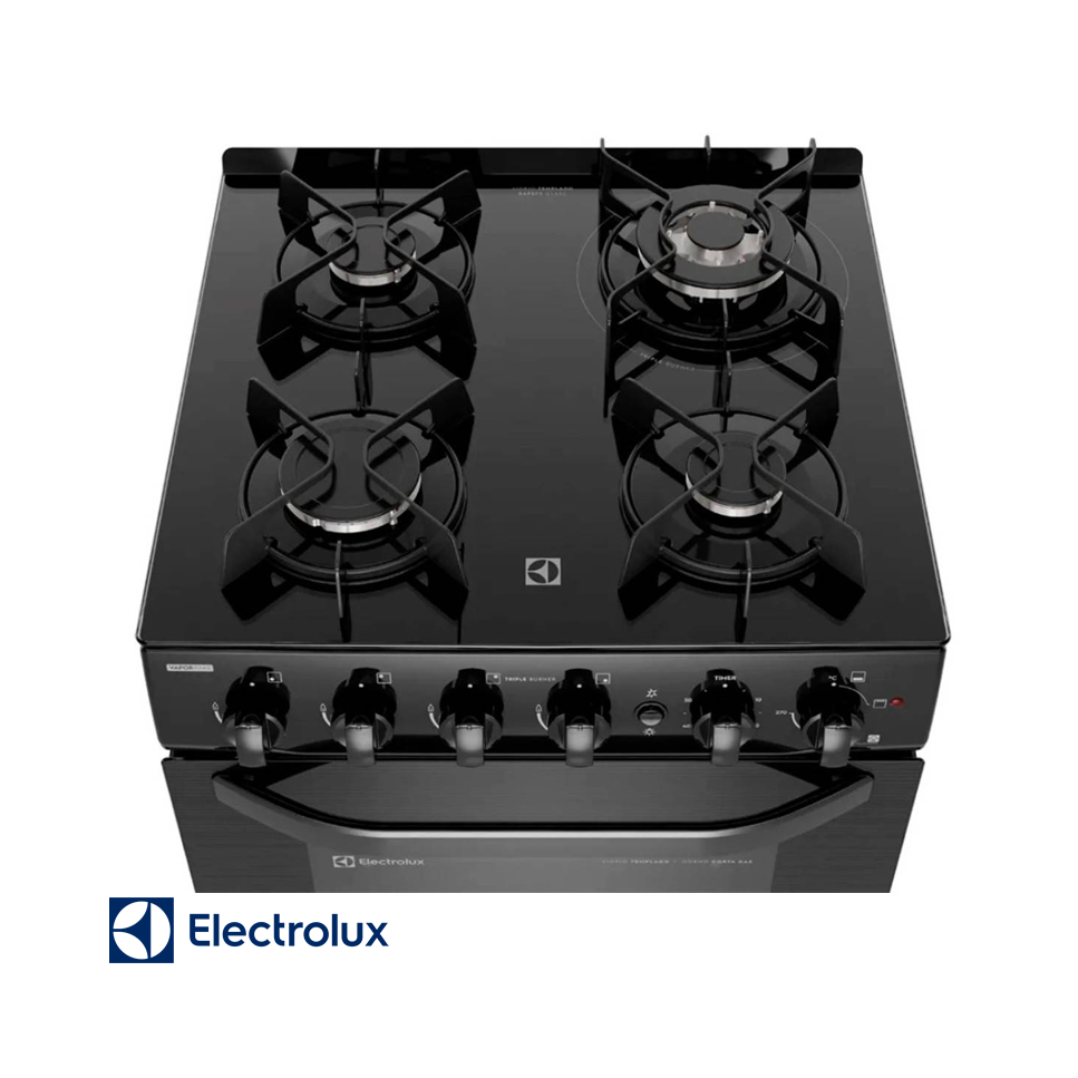 Cocina de Gas Electrolux Base de Vidrio Negro – 4 Quemadores Con Grill FE4GPE
