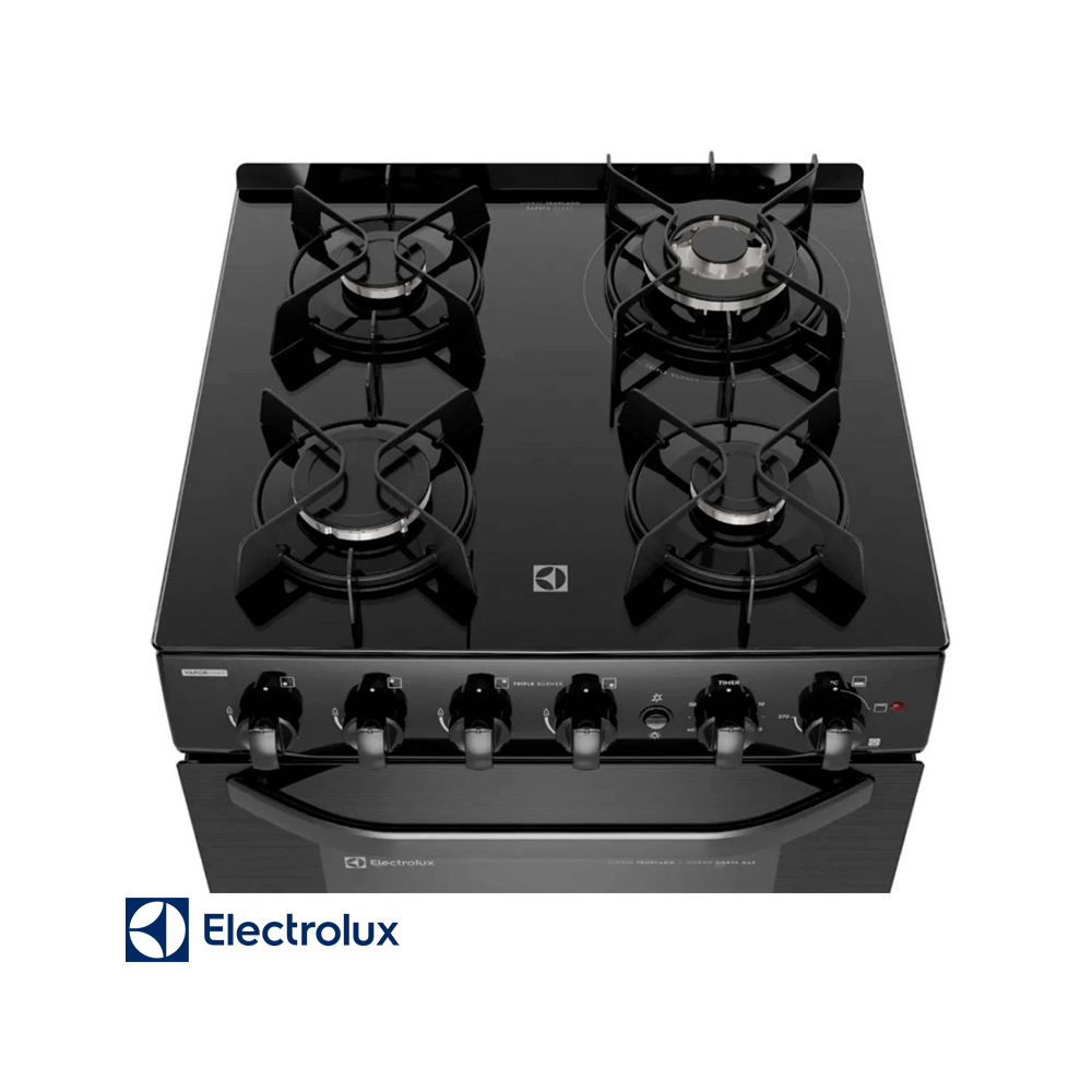Cocina de Gas Electrolux Base de Vidrio Negro – 4 Quemadores Con Grill FE4GPE